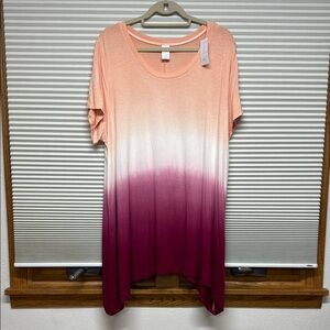 LIVI NWT Ombre Gradient Peach White Pink Asymmetrical Hem Short Sleeve Top